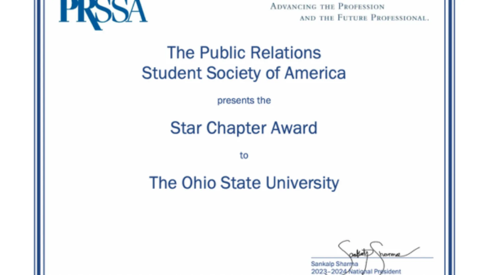 PRSSA 2023 Star Chapter Award certificate