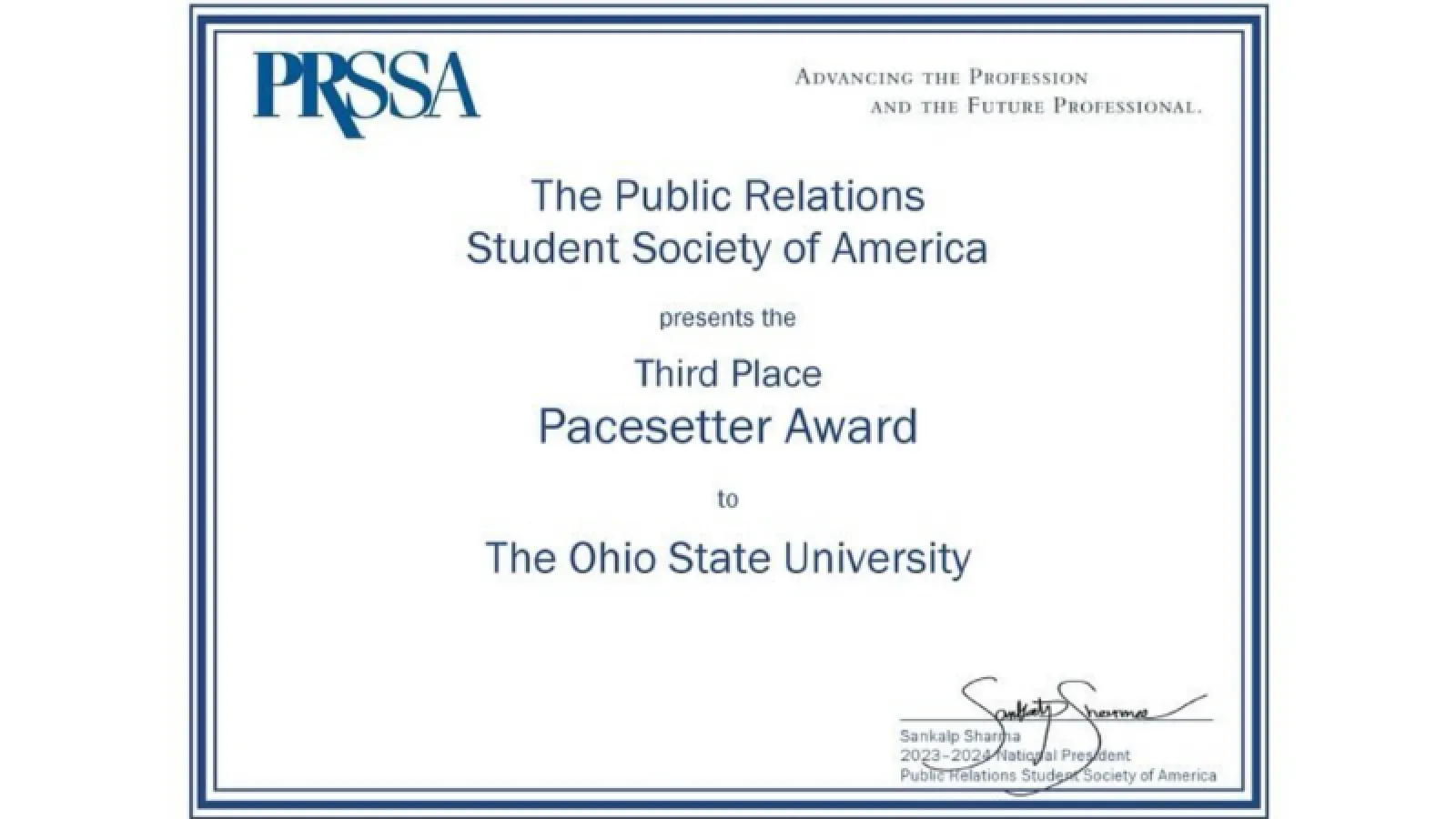 PRSSA Pacesetter Award Certificate